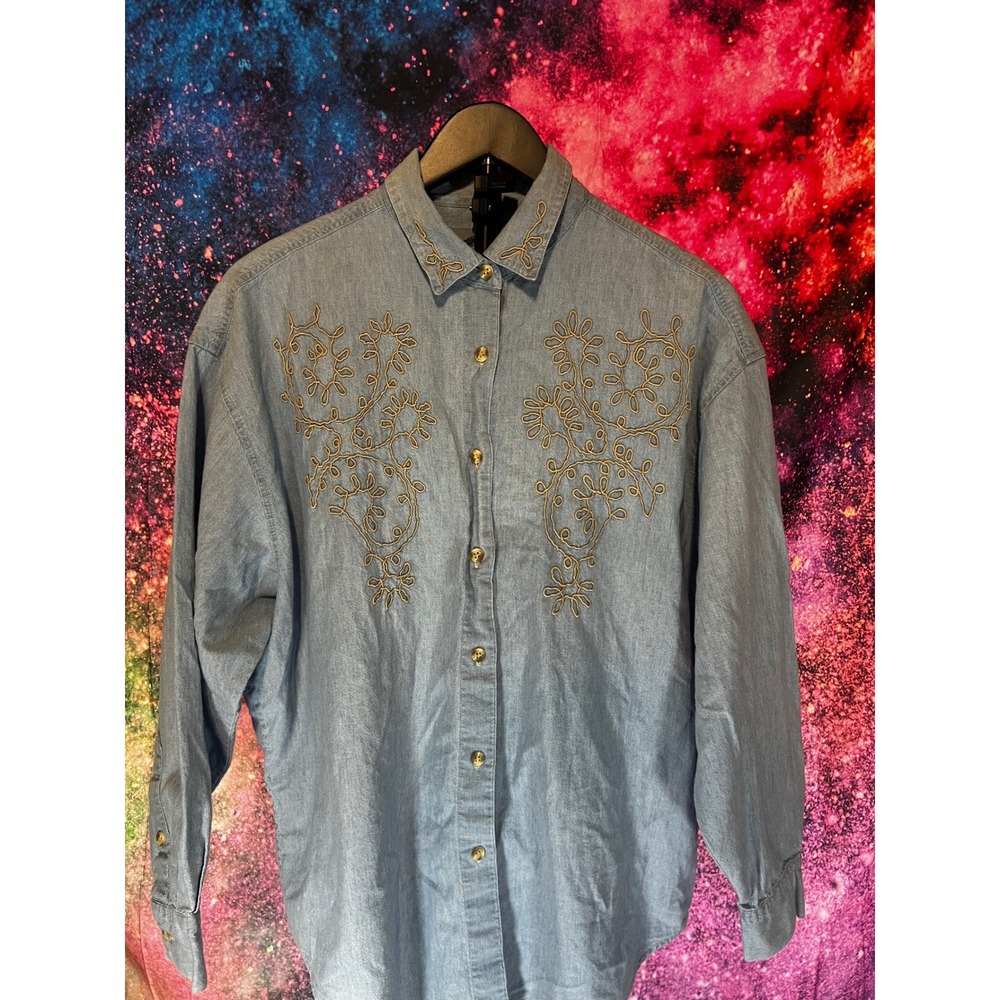 Cambridge Dry Goods Blue Denim Embroidered Western Shirt Womens 14 Long Sleeve